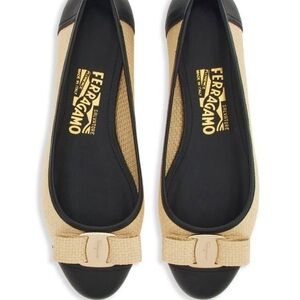 COPY - Salvatore Ferragamo Women's Black and Tan Woven-Rafia Flats